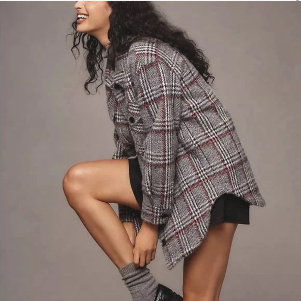 Anthropologie Greylin fuzzy Gray Plaid Cape Jacket/ shacket